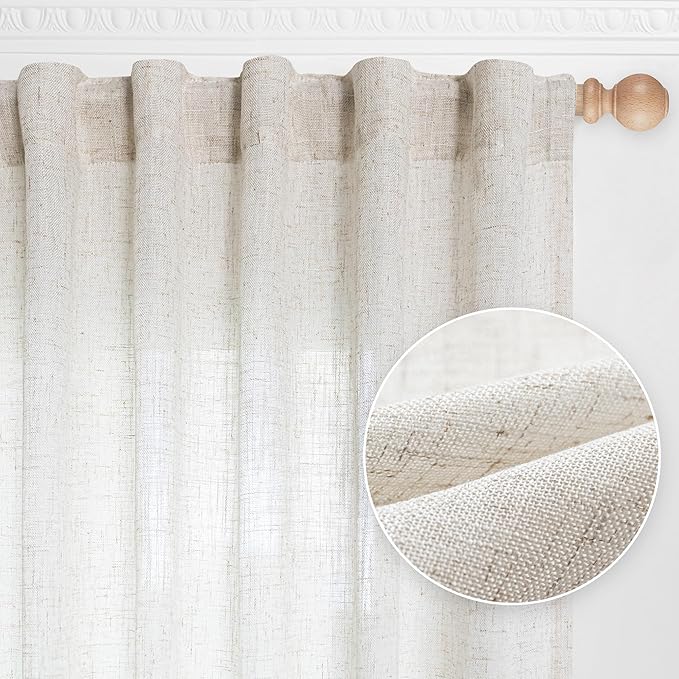 MYSKY HOME Sheer Curtains 63 Inch Length for Bedroom, Window Curtain Panels Light Filtering Privacy Protect Drapes Set, Boho Farmhouse Style Texture Soft Touch, 50" x 63", Linen, 2 Panels