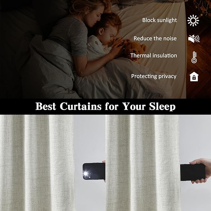 92 Inch Long Curtains 2 Panels,Back Tab Hook Belt with Hooks,Modern Neutral French Style Pleat Look Soundprof Linen Drop Cloth Traverse Blackout Curtains for Living Room 50W x 92L Natural Cream