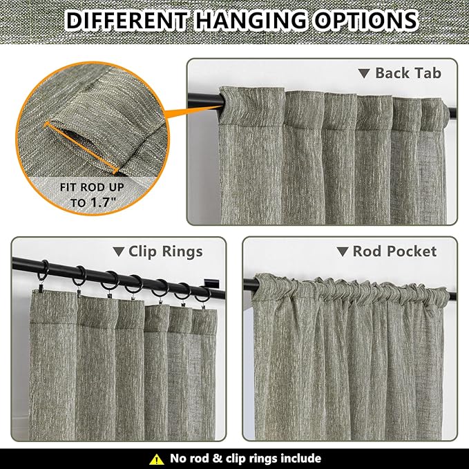 MYSKY HOME 90 Inches Long Living Room Curtains Farmhouse Light Filtering Privacy Curtain Drapes for Patio Door, Linen Look Texture Fabric Bohemian Draperies Soft Touch, 50x90, Olive Green, 2 Panels