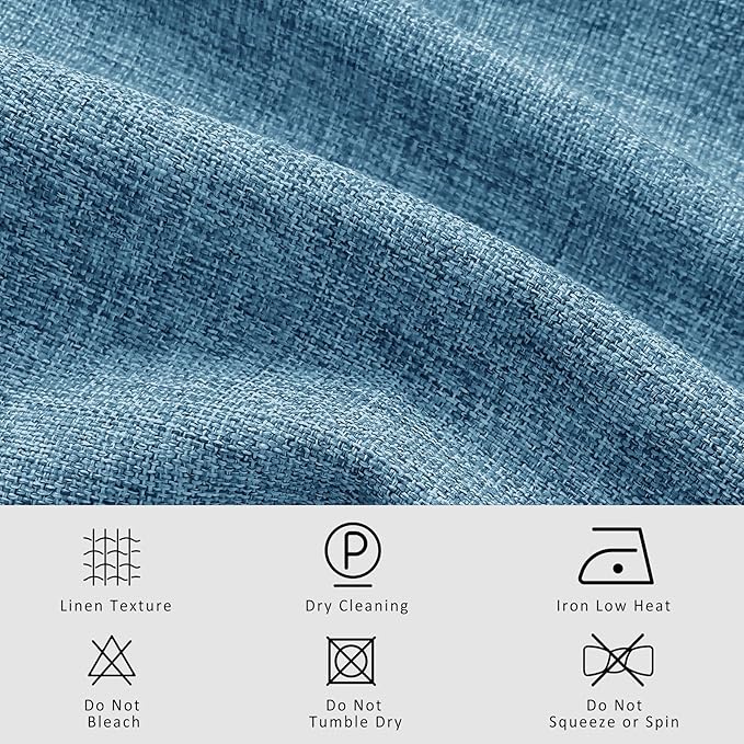 Macochico Blue 100% Blackout Linen Curtains 96 Inches Long Pinch Pleated Curtains for Bedroom Living Room Nursery Farmhouse Insulated Sound Reducing Drapery with Tieback 84”Wx96”L 1 Panel