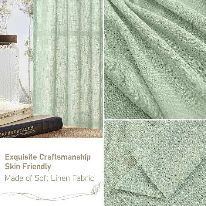 LAMIT Semi Sheer Linen Curtains 45 Inches Long, Light Filtering Panels Bronze Grommet Neutral Drapes for Kitchen/Window/Bedroom, Fresh Green, 2 Panels, 52 x 45 Inch