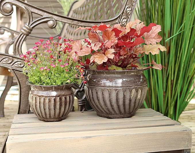 Headwind 8" Sutton - Rosewood Brown, Ironstone Metal Planter Pot. Indoor Outdoor Use,