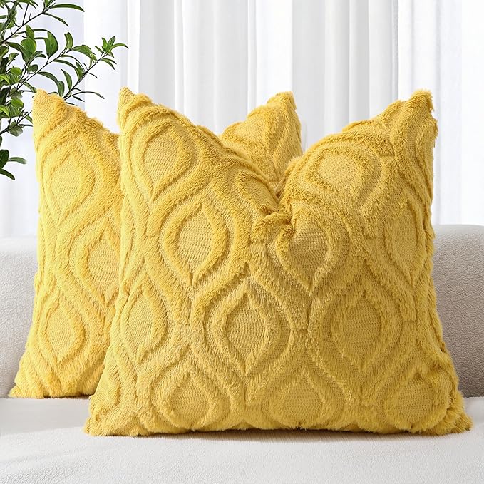 decorUhome Throw Pillow Covers 22x22 Inch Set of 2, Soft Plush Decorative Faux Fur Mustard Yellow Solid Couch Pillow Covers, Accent Farmhouse Neutral Square Euro Pillow Cases for Sofa Bed Living Room