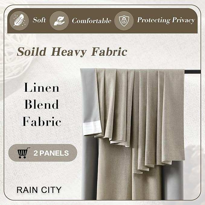 102 Inch Long Blackout Linen Blend Curtains 2 Panels,70 Wide Back Tab Pinch Pleated Look Window Drapes with Hooks,Track System Curtain Panels for Sliding Door Modern Farmhouse 70x102 Light Taupe