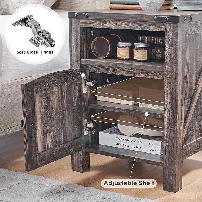 OKD Nightstand with Charging Station Set of 2, 18 Inchs Farmhouse End Table with Adjustable Storage Shelf, Rustic Wood Sofa Side Table for Bedroom