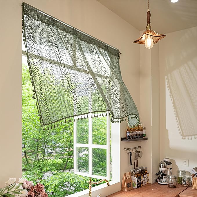 Sutuo Home Olive Green Boho Valance Curtains for Kitchen Cafe,Crochet Lace Sheer Bohemian Hollow with Handmade Tassels, Privacy Vintage Cottage Retro Farmhouse Tier, Rod Pocket 1 Panel 59" W x 36" L