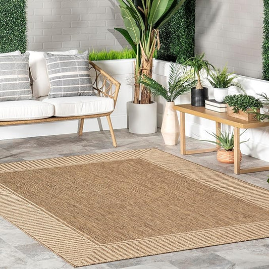 nuLOOM 5' x 8' Outdoor Area Rug, Casual Design With Striped Border, Stain Resistant, Highly Durable, For Patio, Balcony, Bedroom, Living Room, Dining Room, Bathroom, Light Brown