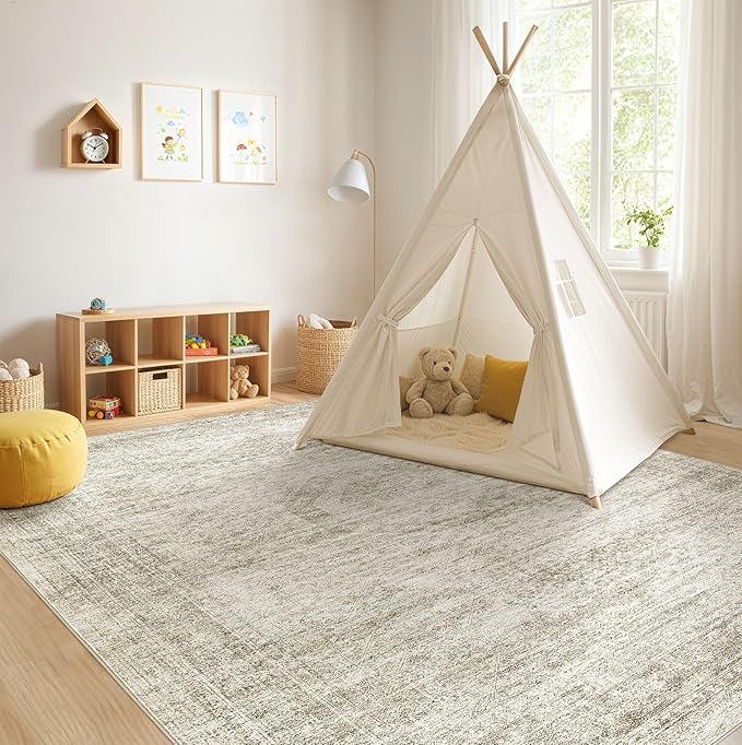 Washable Area Rugs for Living Room -7x9 Neutral Vintage Distressed Floral Farmhouse Boho Large Soft Floor Rug Indoor Non Slip Carpet for Living Room Bedroom Dining Room Office-Beige
