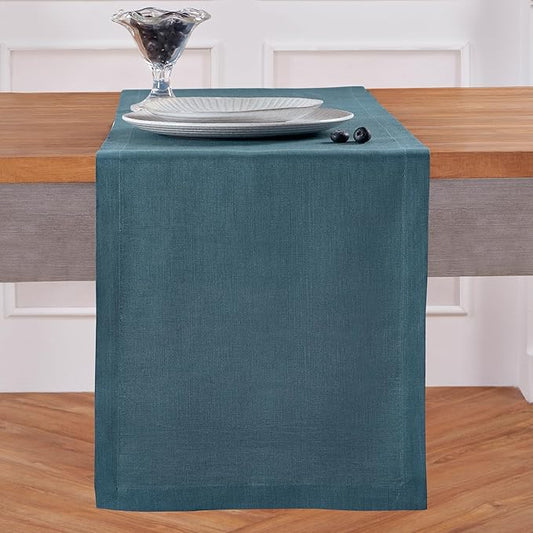 Solino Home Linen Table Runner 72 Inches Long - 100% Pure Linen Peacock Blue Table Runner 14 x 72 Inch - Fete
