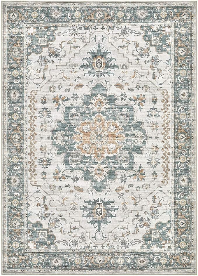 Washable Area Rugs for Living Room - 5x7 Neutral Vintage Distressed Floral Farmhouse Boho Large Soft Floor Rug Indoor Non Slip Carpet for Living Room Bedroom Dining Room Office - Green/Grey