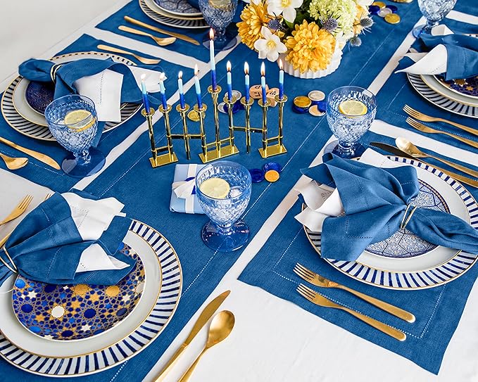 Solino Home Linen Indigo Blue Table Runner 72 Inches Long - 100% Pure Linen Hemstitch Table Runner 14 x 72 Inch for Dresser, Dining, Fall, Autumn, Halloween - Classic Hemstitch