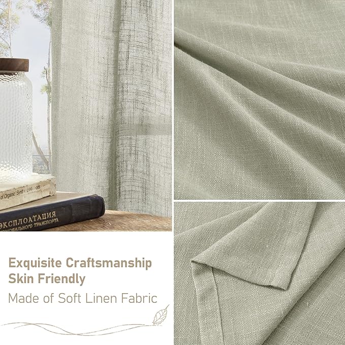 LAMIT Linen Curtains for Living Room 84 Inch Length, Bronze Grommet Light Filtering Semi Sheer Drapes Neutral Rustic Farmhouse Boho Panels for Bedroom, 2 Panels, Sage Grey, 52 x 84 Inch