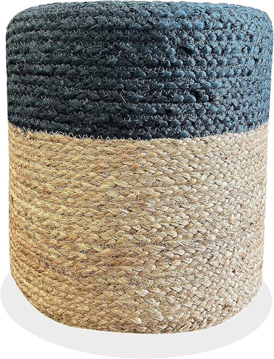 Jute Pouf Ottoman | Footrest Pouf | Hand Braided - Round Boho Pouffe - for Living Room, Bedroom, Nursery (16"x16"x16") Navy
