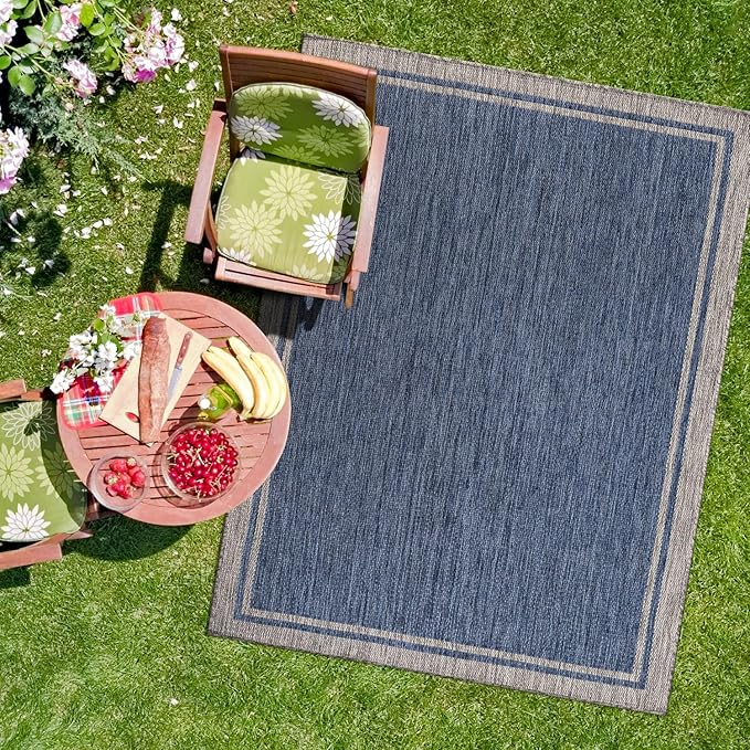 CAMILSON Outdoor Rug, 5x7 Bordered Navy Blue Gray Modern Area Rugs for Indoor and Outdoor Patios, Porches Waterproof Washable Porch Deck Outside Carpet (Bordered Navy, 5 x 7)