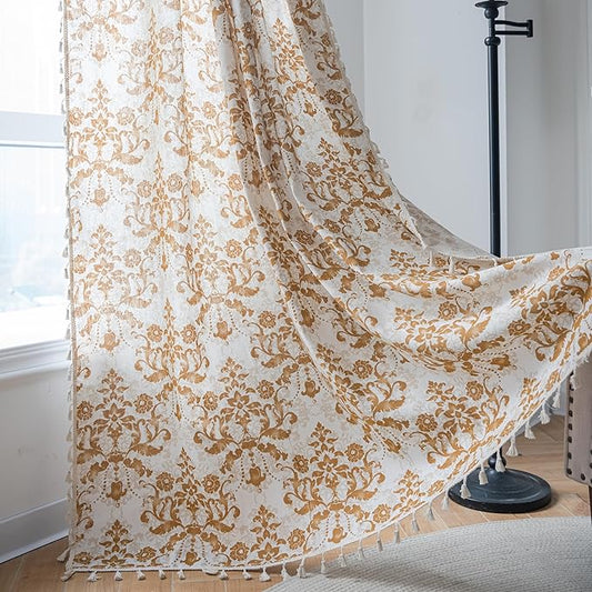 Sutuo Home Boho Curtains 84 Inches Length for Bedroom Living Room, Printed Moroccan Cotton Linen Rod Pocket Rustic Farmhouse Bohemian Tassels Window Treatment, 1 Panel 59" W x 84" L, Brown Damask