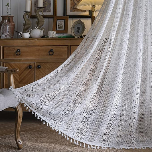Sutuo Home Cream White Crochet Boho Curtain 84 Inches Length, Sheer Lace Handmade Tassels Knitted Window Treatment Vintage Rustic Bohemian Farmhouse Drape for Bedroom Rod Pocket 1 Panel 59" W x 84" L