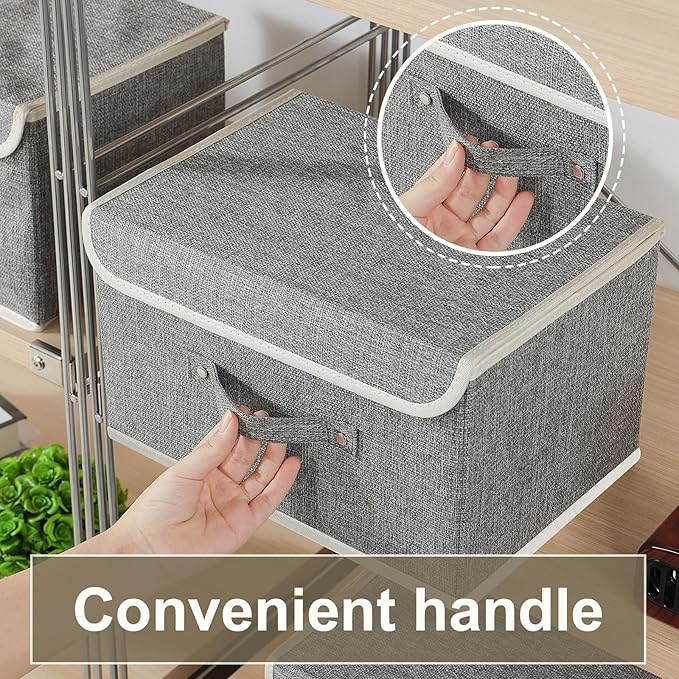 Storage Boxes, Collapsible Storage Bins with Lids, Cotton and linen cloth Storage Baskets with Handle, for Books, Closet, Bedroom, Home, 13x9.1x7.9 in, Grey