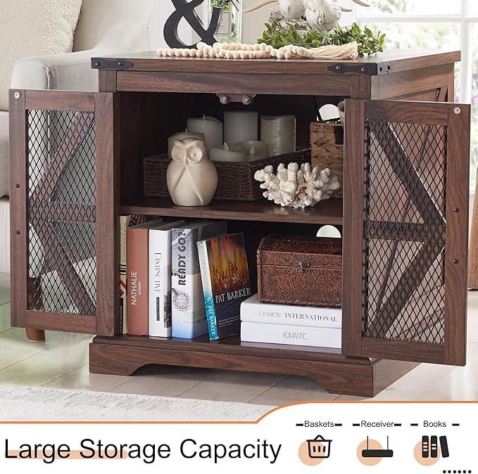 JXQTLINGMU Farmhouse End Table, 24" Large Sofa Side Table with Charging Station, Mesh Barn Door, and Adjustable Storage Shelf, Rustic Wood Square Nightstand for Living Room, Bedroom, Office, Brown