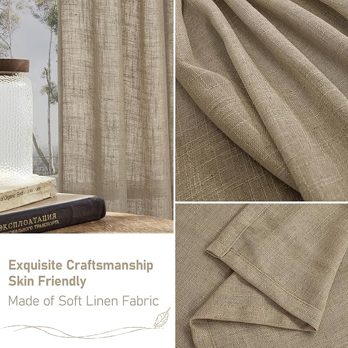 LAMIT Taupe Linen Curtains 95 Inch Length 2 Panels for Living Room/Bedroom, Semi Sheer Light Filtering Farmhouse Bronze Grommet Long Soft Thick Linen Textured Window Drapes, 52 x 95 Inch