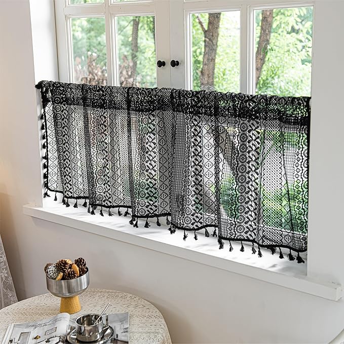 Sutuo Home Black Boho Valance Curtains Crochet Lace Sheer Bohemian Hollow Knitted with Tassels, Privacy Vintage Mid Century Farmhouse Tier for Kitchen, Rod Pocket 1 Panel,59" W x 36" L