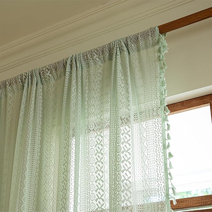Sutuo Home Mint Green Boho Curtains for Bedroom Living Room, Crochet Lace Bohemian Hollow Knitted Handmade Tassels Window Treatment Vintage Rustic Rod Pocket Farmhouse Drapes, 1 Panel 59" W x 84" L