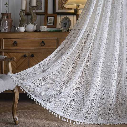 Sutuo Home Boho Curtains 120 inches for Bedroom Living Room Patio Doorway, Crochet Lace Sheer Bohemian Extra Long with Tassels,Window Treatment Drape, Single 1 Panel 59" W x 120" L, White