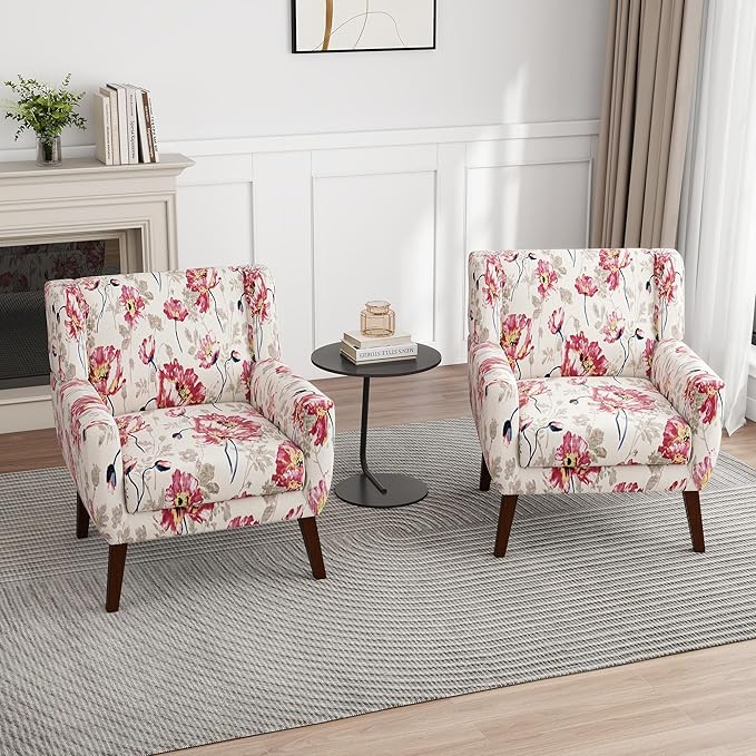 UIXE Floral Accent Chair, Modern Upholstered Armchair in Fabric for Living Room, Comfy Club Arm Chairs Single Sofa Button Tufted Bedroom Reading Seat - Pattern White, Set of 4