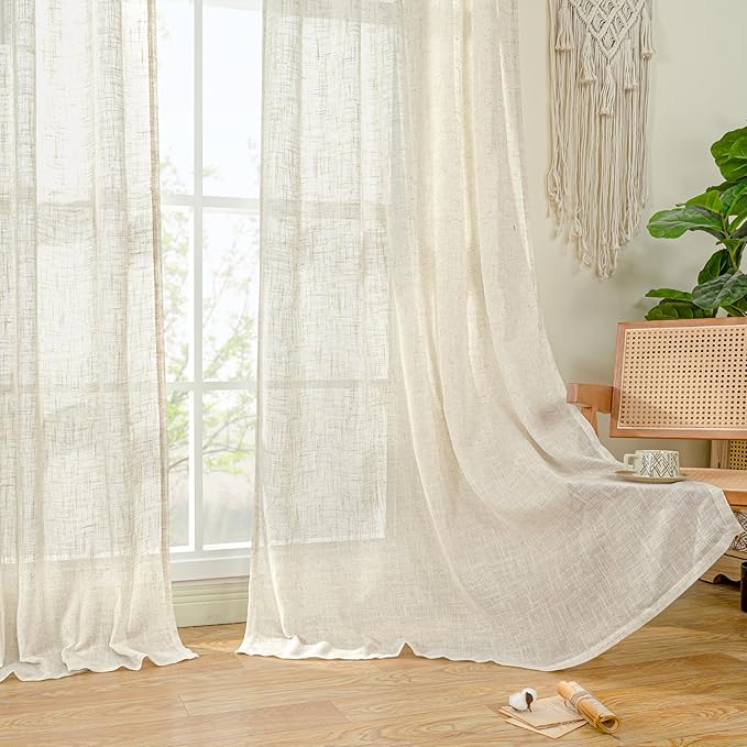 LAMIT Natural Cream Ivory Long Linen Curtains for Living Room, 108 inches Long Bronze Grommet Light Filtering Window Textured Neutral Sheer Drapes for Bedroom Farmhouse, 2 Panels, 52 x 108 Inch