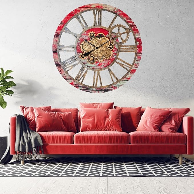 The Gears Clock 36'' Inch Real Moving Gear Wall Clock Vintage Industrial Oversized Rustic Farmhouse (Red Lava)