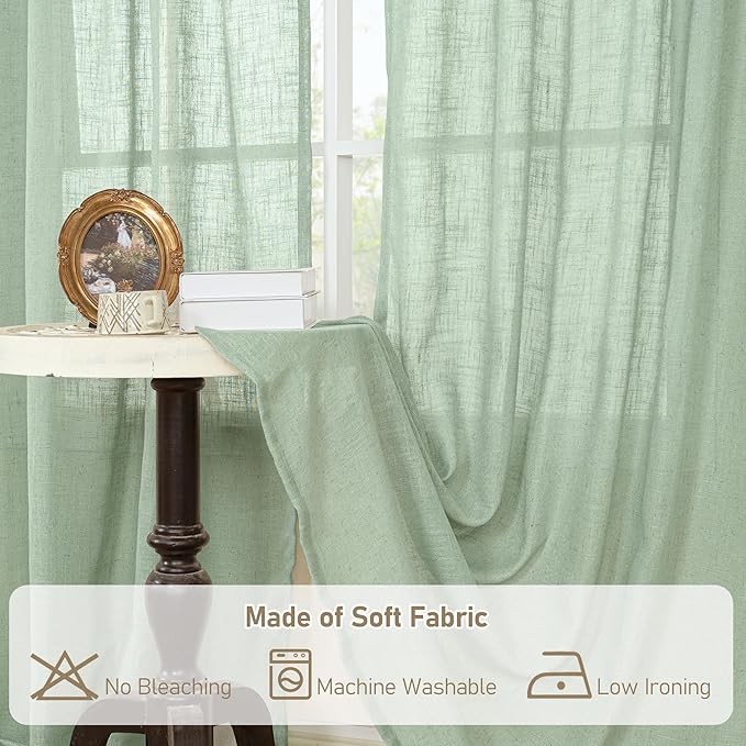 LAMIT Semi Sheer Linen Curtains 45 Inches Long, Light Filtering Panels Bronze Grommet Neutral Drapes for Kitchen/Window/Bedroom, Fresh Green, 2 Panels, 52 x 45 Inch
