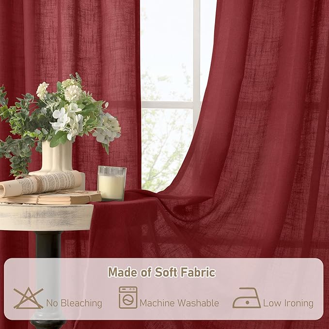 LAMIT Sheer Linen Curtains 63 Inch Length for Bedroom, Light Filtering Christmas Decor Panels Bronze Grommet Linen Textured Drapes for Living Room/Farmhouse, 2 Panels Set, 52 x 63 Inch, Burgundy Red