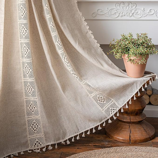 Sutuo Home Boho Curtains for Bedroom Nursery, Bohemian Semi-Blackout Geometric Crochet Hollow Lace Patchwork with Textured Linen Fabric Farmhouse Tassels Rod Pocket Window Drapes, 59"W x 72"L, 1 Panel