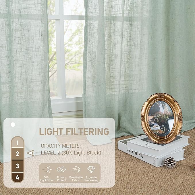 LAMIT Light Sage Linen Curtains 84 inch Length 2 Panels Set, Linen Textured Light Filtering Drapes Bronze Grommet Boho Burlap Panels for Bedroom/Living Room, 52 x 84 Inch