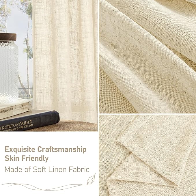 LAMIT Short Window Linen Curtains 36 Inch Length 2 Panels, Beige Light Filtering Panels Bronze Grommet Neutral Drapes for Bathroom/Loft Room, 34 x 36 Inch