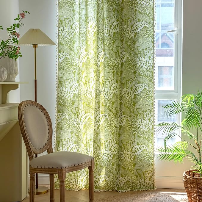 Sutuo Home Boho Curtains 84 Inches Length for Bedroom Living Room, Printed Cotton Linen Rod Pocket Rustic Farmhouse Bohemian Tassels Window Treatment, 1 Panel 59" W x 84" L, Green Botanic Leaves