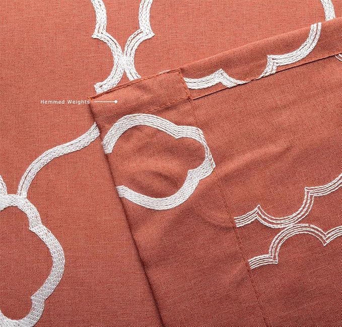 MIUCO Moroccan Embroidered Semi Sheer Curtains Faux Linen Extra Wide Grommet Window Panel Pair for Bedroom 52 x 95 Inch, Rust