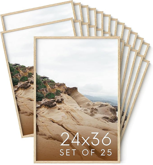 Haus and Hues 24x36 Natural Oak Wood Picture Frames Set of 25 - Premium Bulk Picture Frames 24x36 Bundle - Elegant Gallery Wall Frame Set for Posters, Art Display - Ideal for Wall Decor in Home &