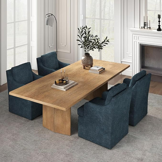 VKNOW Upholstered Dining Chairs Set of 4, Modern Kitchen Chairs Dinner Chairs with 4 Casters, Linen Armchair for Bedroom Reading Room Living Room, Navy