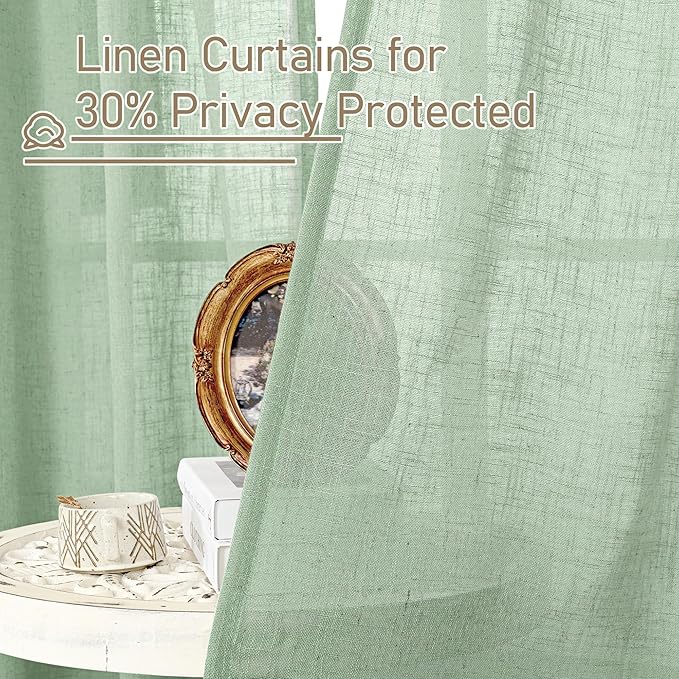 LAMIT Short Linen Curtains 40 Inch Length for Small Window, Fresh Green Light Filtering Semi Sheer Panels Bronze Grommet Neutral Drapes for Basement/Window, 2 Panels, 34 x 40 Inch