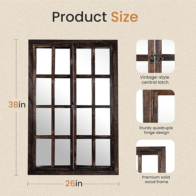 Wall Mirror with Window Design, 38"x26" Rustic Farmhouse Wood Mirror for Wall Decor, Decorative Vintage Mirror for Living Room, Bedroom, Entryway
