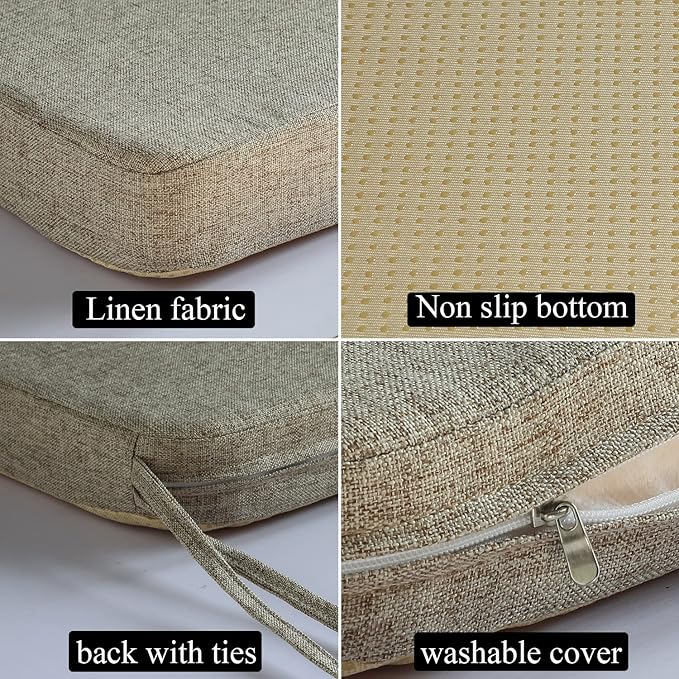 Chair Cushion for Dining Chairs with Ties Non Slip Memory Foam Kitchen Room Chair Pads 2 Pack 17x16 Inch, Khaki