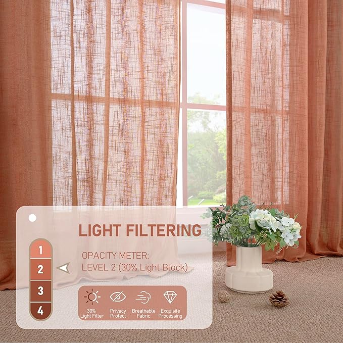 LAMIT Terracotta Linen Curtains 63 inch Length 2 Panels for Living Room, Bronze Grommet Soft Semi Sheer Light Filtering Window Treatments Neutral Fall Decor Drapes for Bedroom, 52 x 63 Inch