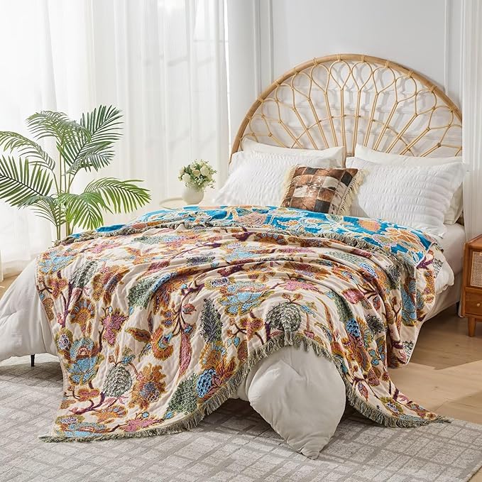 Boho Throw Blanket for Bed, Lightweight Reversible Summer Quilt, Cotton Blanket, Queen Size Boho Floral Bird Colorful Retro Quilt Ultra Soft Reversible Gauze Blanket for All Season, 80"x90"