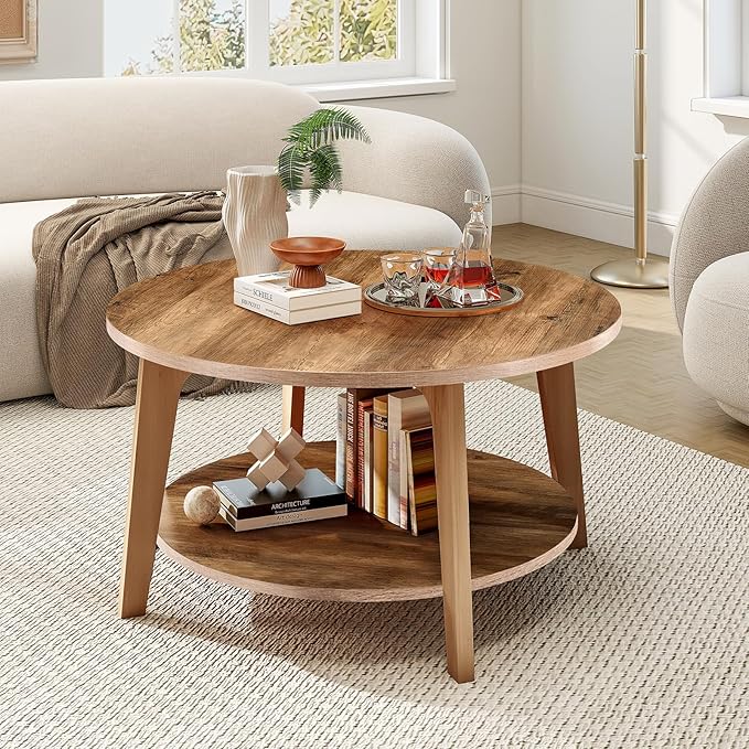 Sweetcrispy Round Coffee Table, 36'' Wood Coffee Tables for Living Room with Storage, 2-Tier Center Circle Counter with Wooded Desktop, 50 lbs Capacity, Anti-Slip Feet, Modern Farmhouse Design, Brown