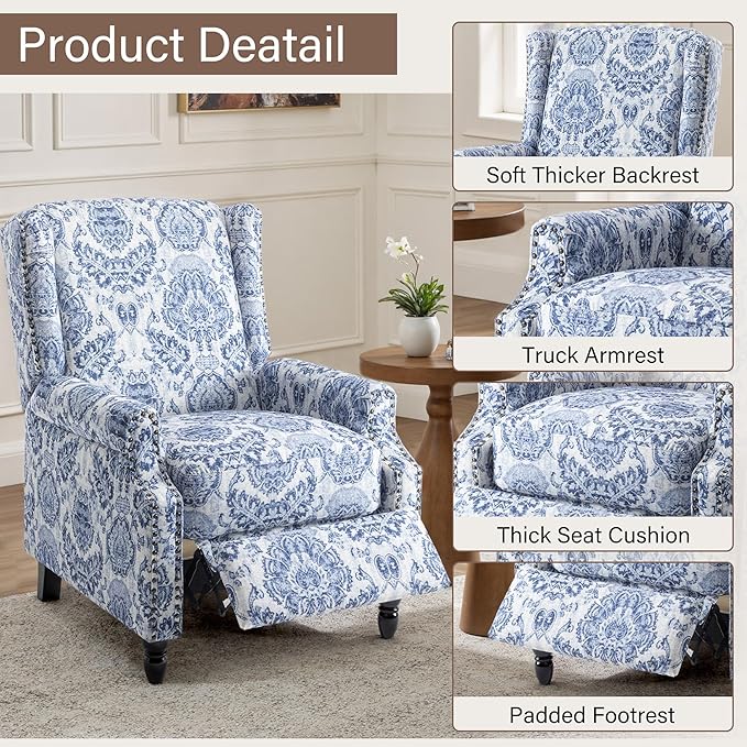 UIXE Floral Pushback Recliner Chairs Set of 2, Fabric Upholstered Armchair Push Back Accent Chair for Living Room, Rivet Trim Club Chair Home Theater Single Sofa Reading Seat - Navy Blue