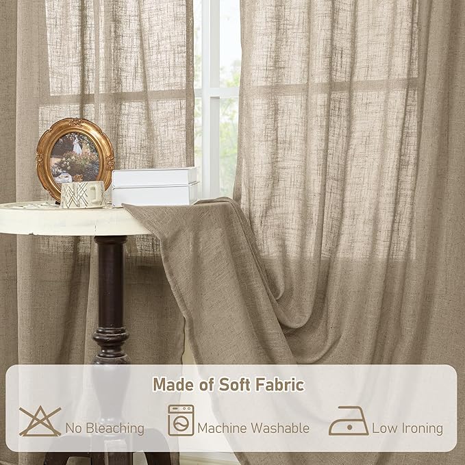 LAMIT Taupe Linen Curtains 95 Inch Length 2 Panels for Living Room/Bedroom, Semi Sheer Light Filtering Farmhouse Bronze Grommet Long Soft Thick Linen Textured Window Drapes, 52 x 95 Inch