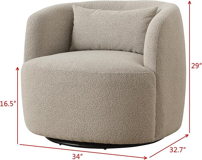 KINWELL 34" Wide Sherpa Swivel Barrel Chairs Set of 2, No Assembly Round Boucle Upholstered Accent Chairs Armchairs Single Sofa Chair with Toss Pillow for Living Room and Bedroom, Taupe
