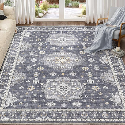 Washable Area Rugs for Living Room -8x10 Neutral Vintage Distressed Floral Farmhouse Boho Large Soft Floor Rug Indoor Non Slip Carpet for Living Room Bedroom Dining Room Office - Denim Blue/Grey