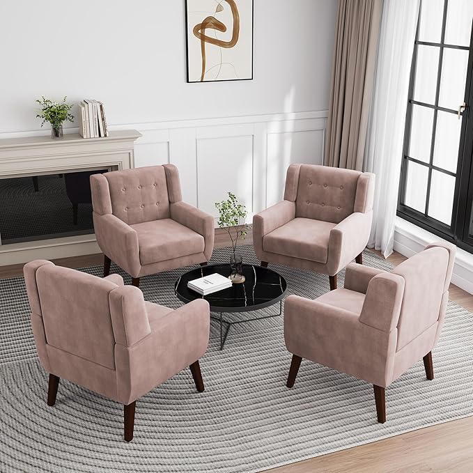 UIXE Accent Chair, Velvet Upholstered Armchair for Living Room, Modern Club Arm Chairs Comfy Single Sofa Button Tufted Bedroom Reading Seat - Skin Pink, Set of 4