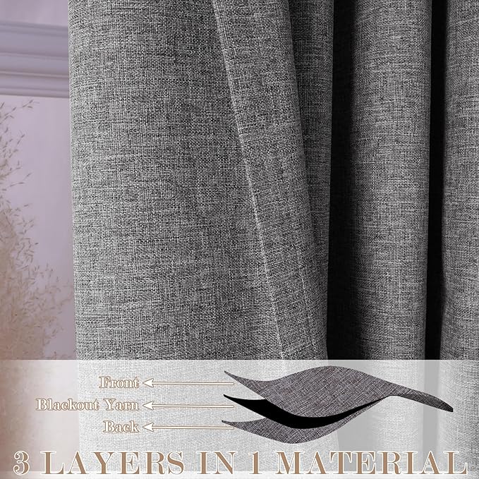 100" W x 96" L Faux Linen Room Divider Curtains, Full Blackout Pinch Pleated Drapes for Traverse Rod, Bedroom Divider Privacy Drapery with Hooks for Ceiling Track, 1 Panel, Gray